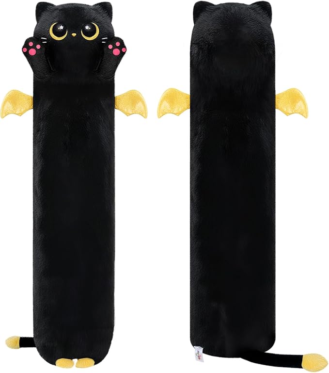 Long Cat Plush Body Pillow, 44” Cute Black Cat Stuffed Animals Plushies, Kawaii Big Squishy Plush Toys Gift for Kids Girls Boys