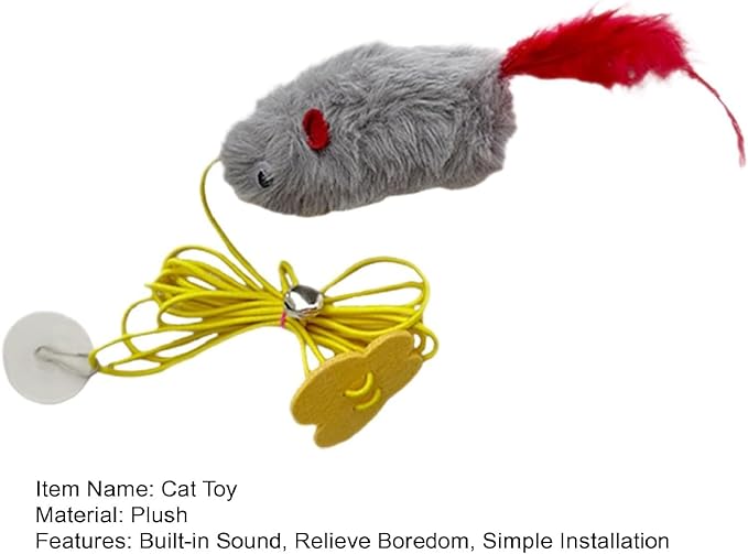 Grey and Red Interactive Cat Toy, Hanging Self-Play Little Mouse Shaped Toys Cat Toy, Built-in Sound, Relieve Boredom, Hanging Squeak Mouse Stretchy Feather Plush Cat Toy Grey