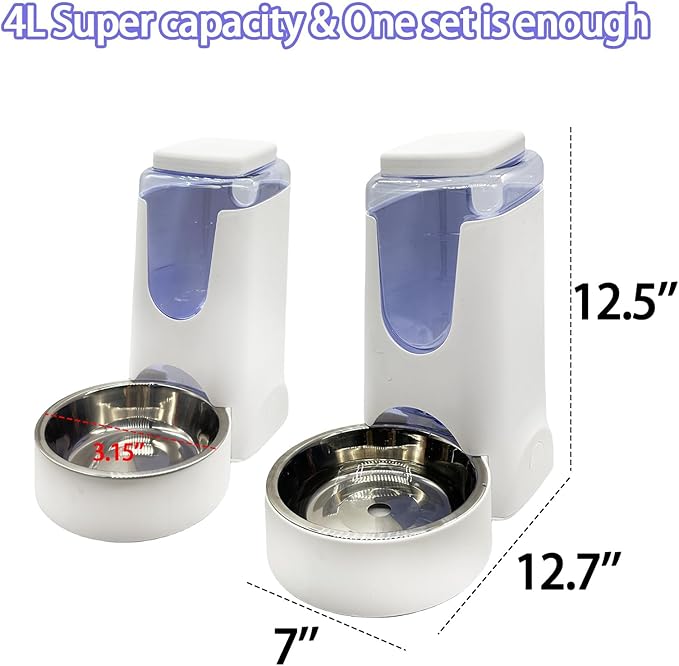 Hamiledyi Pets Automatic Gravity Feeder Dogs 2.8L Food & 4L Water Dispenser Set with Stainless Steel Bowl for Medium Big Dog Cat (White)