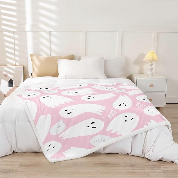Pink Halloween Sherpa Blanket Throw 50"x60" Cartoon Pink Ghost Fleece Throw Blanket for Bed Sofa Couch Kids Kawaii Cute Plush Blanket Pink Fuzzy Blanket Bedroom Flannal Blanket