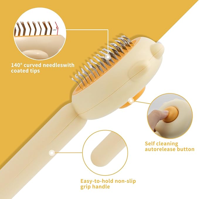 2Pcs Cat Brush for Grooming, Pet Comb Brush with Release Button, Self Cleaning Slicker Comb for Shed Hair and Removes Tangles Hair for Short or Long Haired Cats, Dogs (Yellow 2PCS)