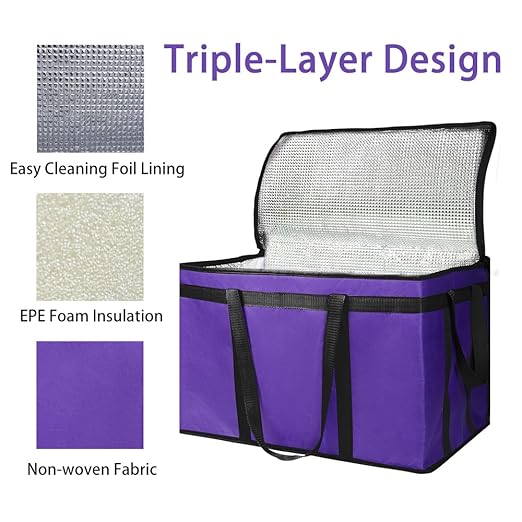 Bodaon 1-Pack Insulated Food Delivery Bag, XXX-Large Meal Grocery Tote Insulation Bag for Hot and cold Food,Commercial, Large Capacity Reusable Warming Bag, Purple