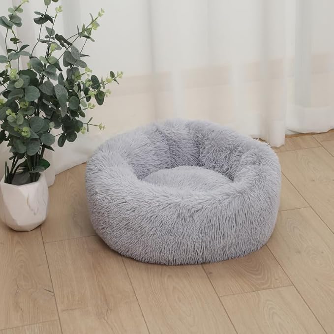 Cat Beds for Indoor Cats, Round Anti Anxiety Dog Bed Washable, Fluffy Round Pet Bed Non-Slip, Calming Soft Plush Donut Dog Beds Fits up to 110 lbs Pets (Light Grey, 39" x 39")