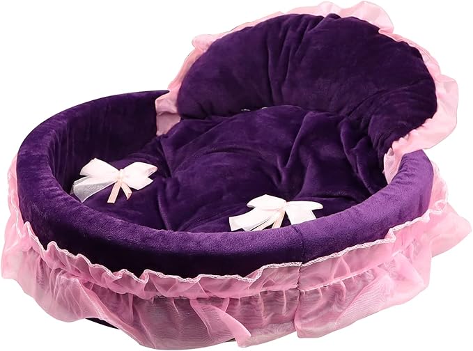 Pet Sleeping Bed for Small Dogs Cats Girl, Cozy Warm Dog Round Bed Lace Princess House with Soft Cushion, Self Warming Cat Sleep Beds Washable Pets Bedding for Indoor Kitten Puppy Girls