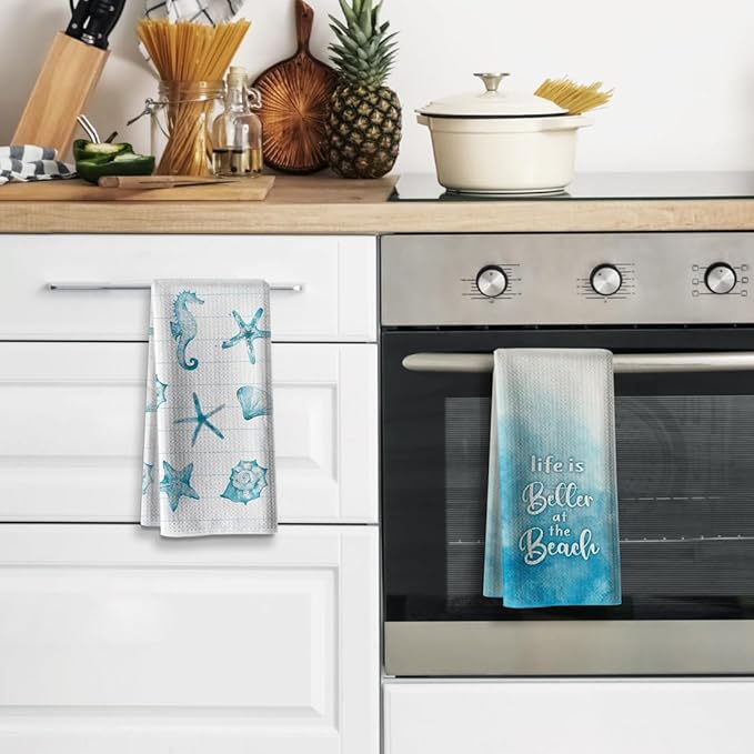 Beach Funny Kitchen Towels for Home Decor Starfish Seahorse Scallop Ocean Themed Summer Dish 16x24 Inch Seasonal Ultra Absorbent Bar Hand Towel Bathroom Farmhouse Set of 2-Blue