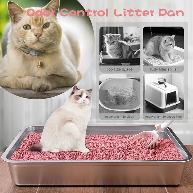 2Pcs Stainless Steel Litter Box For Cats, Metal Cat Litter Box, Stainless Steel Open Cat Litter Pan, Never Absorb Odor Stains,rustproof, Easy Cleaning Litter Pan For Cat, Dog & Rabbit long-lasting Pan