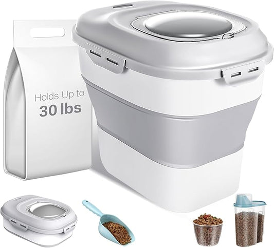 ANVS Dog Food Storage Container - Up to 30Lbs Collapsible Dog Food Container with Airtight Lids, Scoop and 2.5L Small Pet Food Storage Container Dry Food For Dog, Cat and Other Pet Food (Grey)