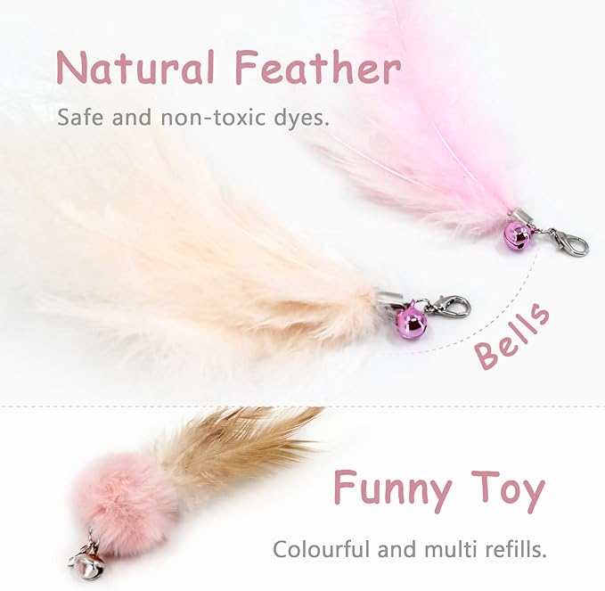 SONGWAY Cat Interactive Feather Toys - 7 PCS Cat Toys Set for Indoor Cats, Retractable Cat Wand Toy, Cat Feather Toys with Bell,Replaceable Cat Feather Tail Toy, Kitten Toy Gift, Pink
