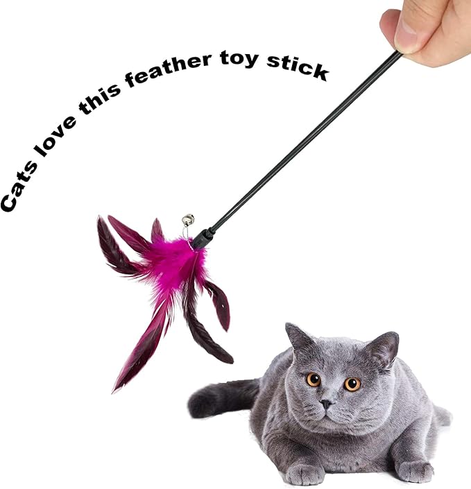 Cat Wand Toy Feather Stick Cat Toys, 7 PCS Cat Feathers Toy Wand, Interactive Cat Toy Feather Wand for Indoor Cats