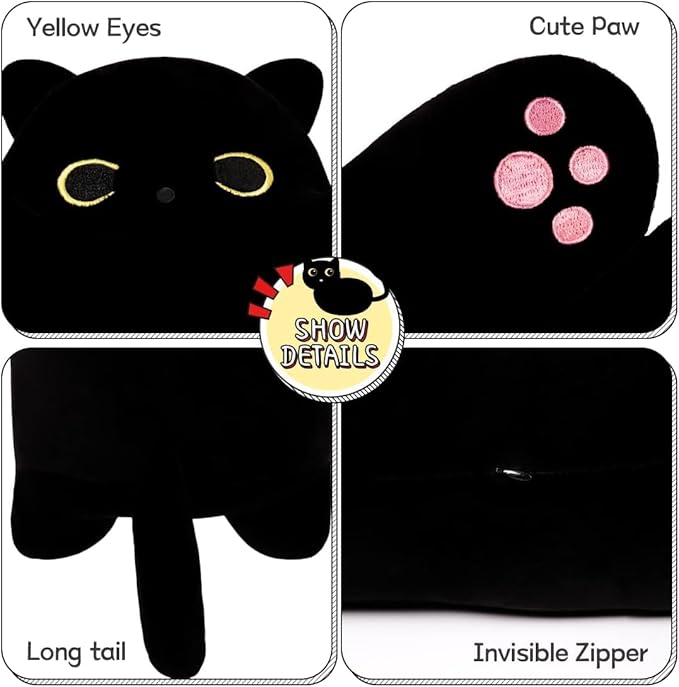 Soft Plush Cat Body Pillow, Long Stuffed Animal Toy Kitten Throw Pillow Gift for Kids, Girlfriend (70CM,Black)