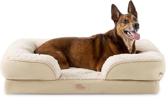TOWN & COUNTRY EVERYDAY CuddleTown Comfy Solid Bolster Sofa Pet Bed, Supportive & Calming Egg Crate Foam, Water Repellent, Non-Slip Bottom, Machine Washable Cover, Beige, Large 35"x25"x8"