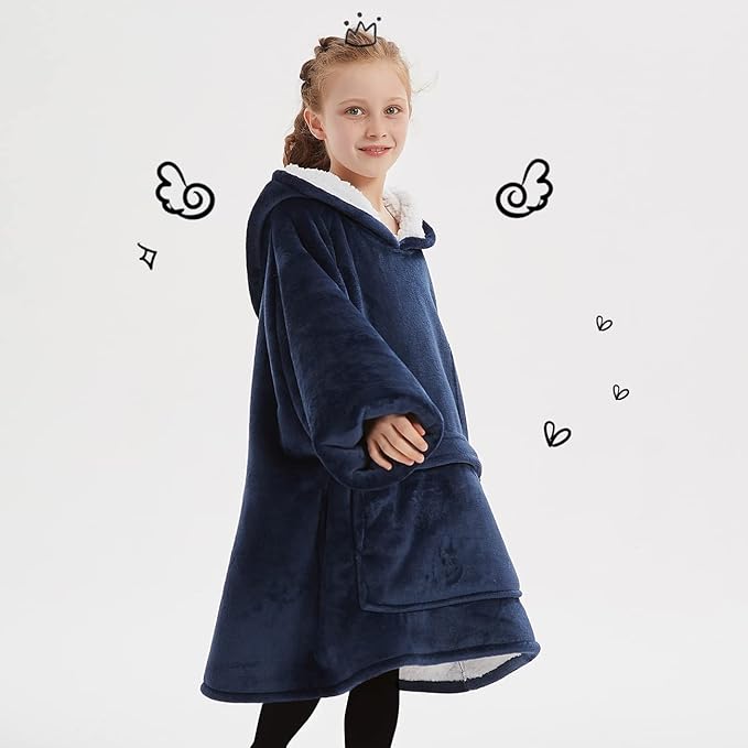KFUBUO Wearable Blanket Hoodie for Kids Sherpa Patterns Oversized Sweatshirt Blanket With Pocket 6-10 Year Old Girl Boy Birthday Gifts Navy