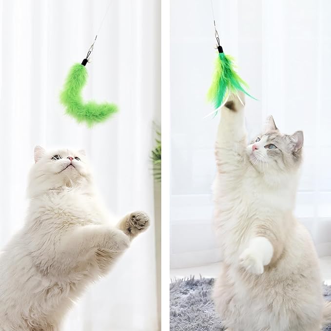 SONGWAY Cat Feather Toys Wand - 7 Pcs Interactive Cat Toys for Indoor Cat Kitten, Retractable Cat Wand Toy with 6 Feather Teaser Refills with Bell, Cat Fishing Pole Toy, Green