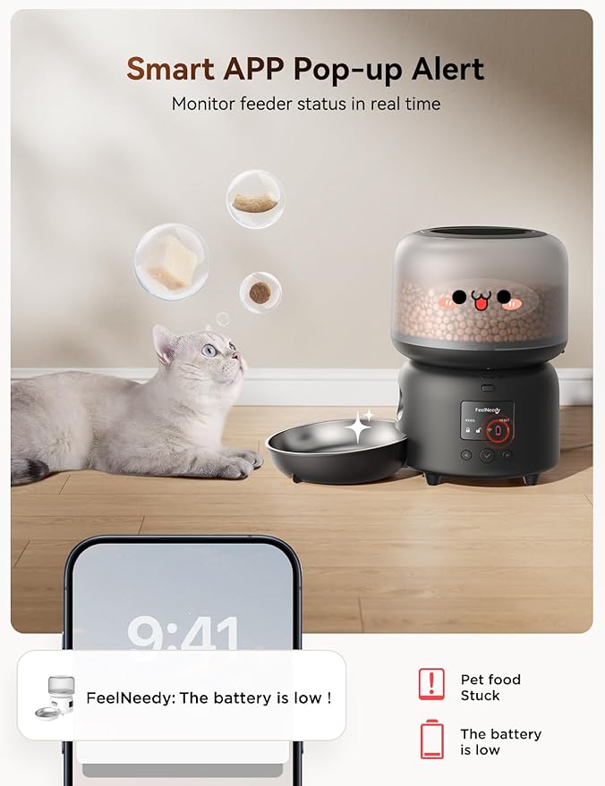 Automatic Cat Feeder WiFi Connected,FEELNEEDY 3L Cat/Dog Food Dispenser, Timed Pet Feeders for Dry Food,Up to 36 Portions 10 Meals Per Day (Only Support 2.4G WiFi)