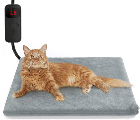 Pet Heating Pad for Cat Dog,Extremely Waterproof Heated Cat Bed Outdoor&Indoor,Adjustable Heated Dog Blanket Mat with 6 Temperature&5 Timers Set,Pet Heater Warmer(Grey,M-17.7" Lx17.7 W)