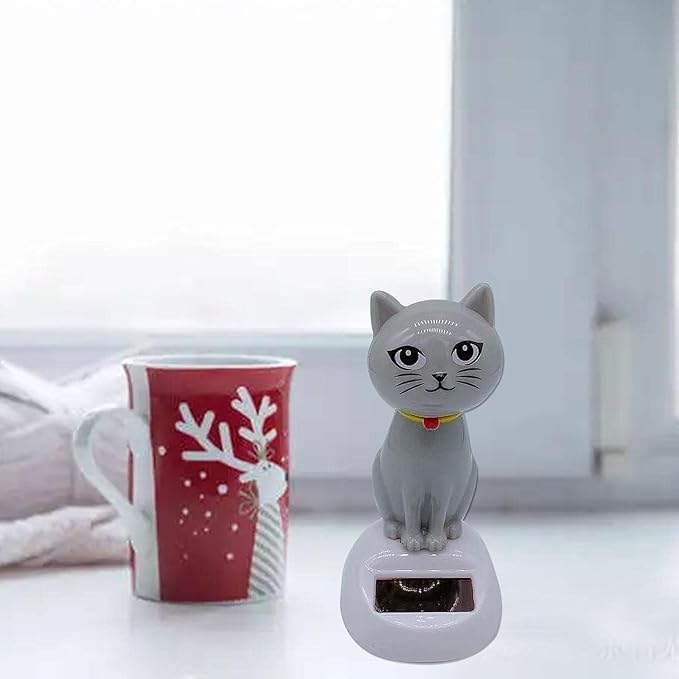 BWESOO Gray Cute Solar Powered Dancing Cat Figure - Swinging Solar, Cat Figurine Statue Swinging Car Dashboard Decoration Ornaments Dancing Car Dashboard Office Home Desk Decor