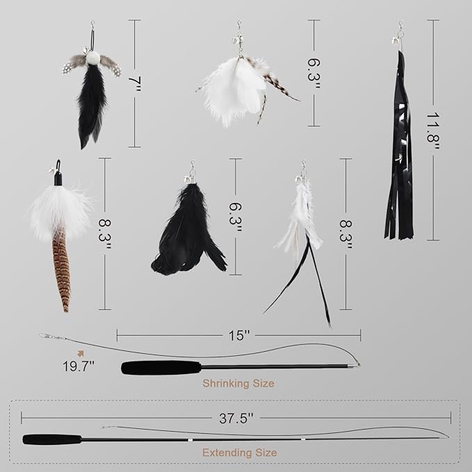 SONGWAY Cat Wand Toys for Indoor Cats - Cat Feather Toys with Retractable Cat Stick and 6 PCS Fairy Cat Teaser Toy Refills, Butterfly Tassel Plush Cat Toys Interactive, Black