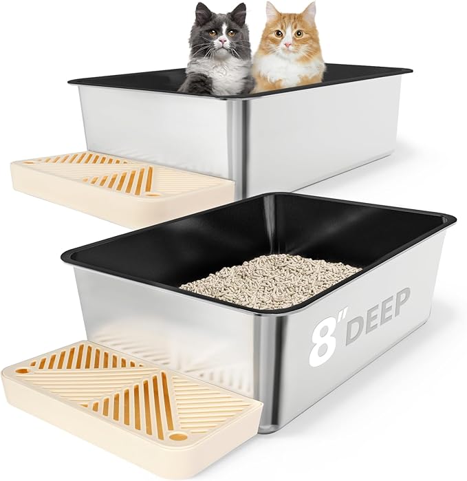 2 Pack 23.6"x16"x 8" Coated Extra Large Stainless Steel Litter Box, XL Metal Litter Box for Big & Multiple Cats, Non Stick Easy Cleaning Stainless Steel Cat Litter Pan Tray with Dual Filter Pedal
