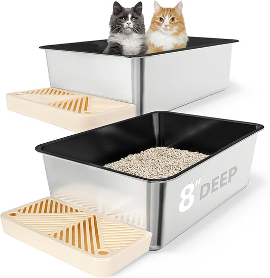 2 Pack 23.6"x16"x 8" Coated Extra Large Stainless Steel Litter Box, XL Metal Litter Box for Big & Multiple Cats, Non Stick Easy Cleaning Stainless Steel Cat Litter Pan Tray with Dual Filter Pedal