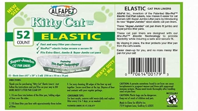 Alfapet Litter Box Elastic Liners 52 Pack-For Extra-Giant, jumbo, super-jumbo Size litter Pans- With Sta-Put Technology for Firm, Easy Fit- Quick + Clever Waste Cleaners