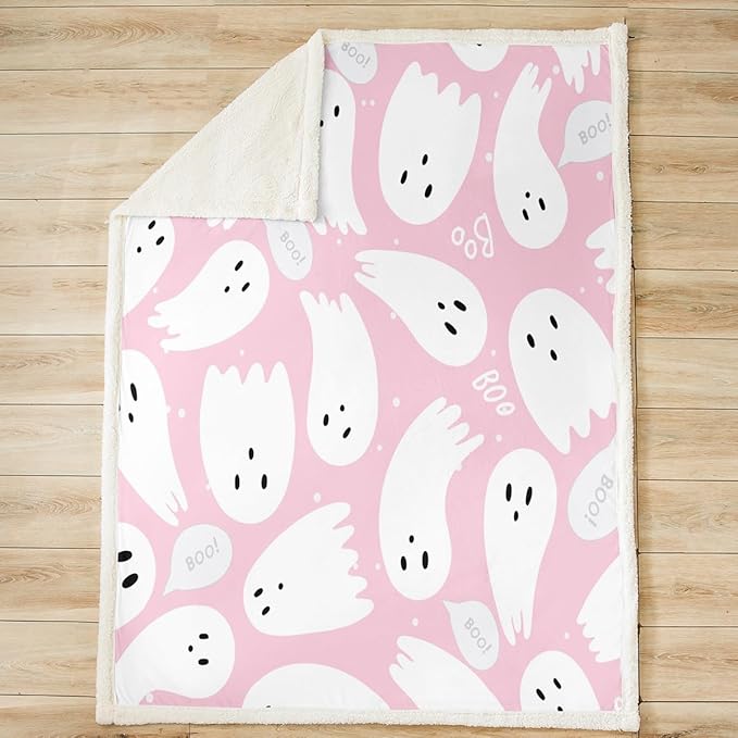 Pink Halloween Sherpa Blanket Queen 90"x90" Cartoon Pink Ghost Fleece Throw Blanket for Bed Sofa Couch Kids Kawaii Cute Plush Blanket Pink Fuzzy Blanket Bedroom Flannal Blanket