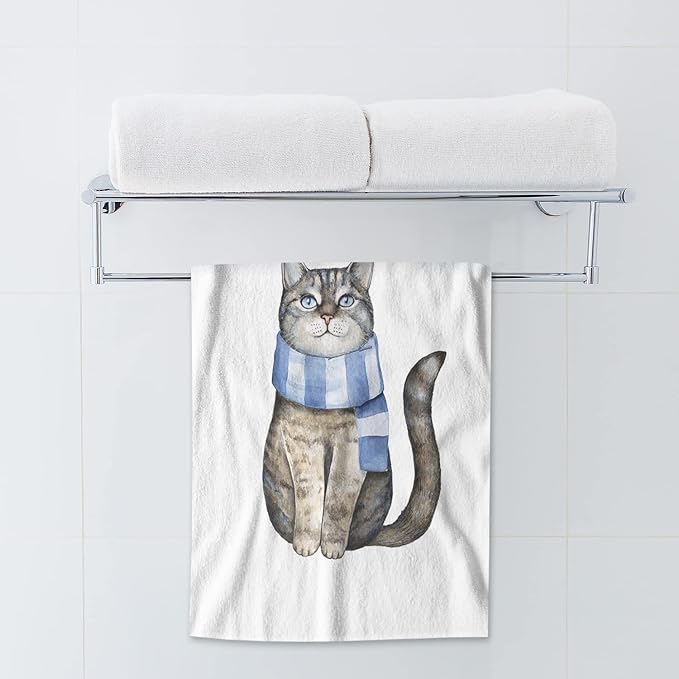 AOYEGO Gray Cat Kitchen Towel Winter Snowflake Kitten with Blue Striped Scarf Hand Towel Soft Absorbent Microfiber Towels for Hair Spa Hotel 15x30 Inch