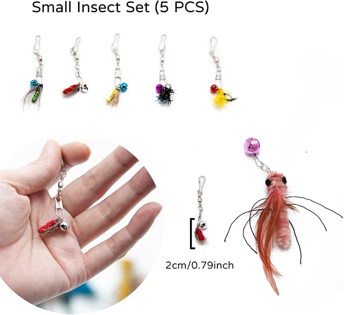 Cat Bug Toy, Cat Insects Toy Wand Refiils for Indoor Cats, 5 Pcs Cat Small Fly Toys with Bells for Cat Teaser, Feather Toys for Indoor Cats and Kittens Toys, Small Bugs Set