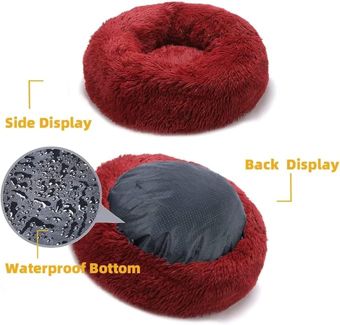 Cat Beds for Indoor Cats - Cat Bed Washable 24 inches, Dog Beds for Small Medium Dogs, Anti Anxiety Round Fluffy Plush Faux Fur Cat Bed, Thick Bottom (Red, Large)