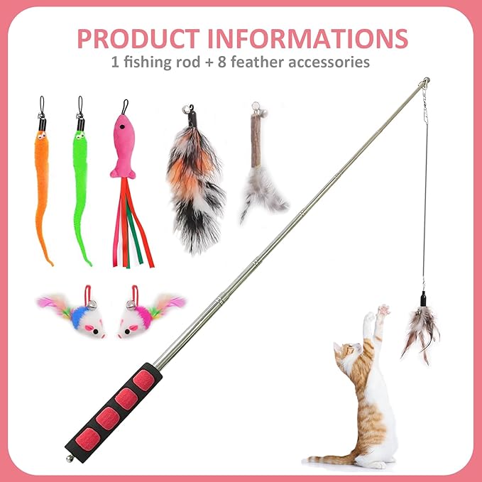 Cat Fishing Pole for Indoor Cats,Interactive cat Toys with Colorful Feather and Bell. (Red)