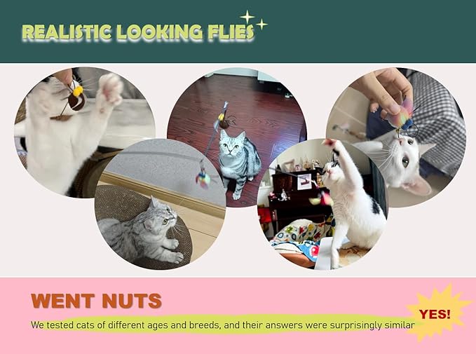 Cat Insect Feather Toys Replacement - 2 Pcs Handmade Natural Fat Flies - Cat Toy Wand Refills - Interactive Kitten Teaser Wand Attachments - Cat Toys for Indoor Cats Play