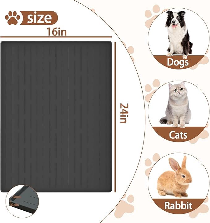 Dog Food Mat, Silicone Dog and Cat Mat for Food and Water Bowls, Waterproof Raised Edge Pet Feeding Mat for Contain Spills Protects Floors, Multiple Colors & Sizes for Pets (24"x16", Light Gray)