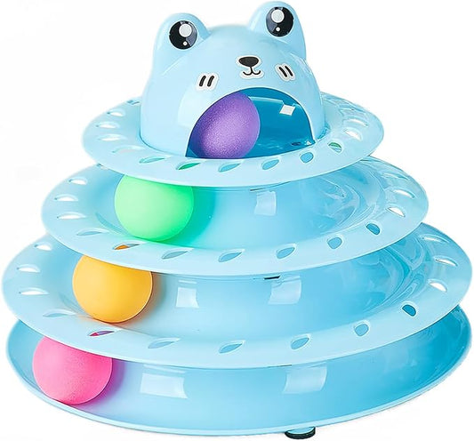 Cat Toys, 4-Level Turntable Ball Track Interactive Cat Toy for Indoor Cats, Self Play Fun Roller with Colorful Rotating Ball Puzzle Exercise Kitten Toys (Blue)