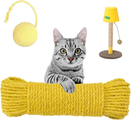 Multicolor Natural Hemp Rope, Cat Scratching Posts Replacement Rope,Repair and Replace Scratching Post cat Tree, 1/4" Rope Cat Scratch Post DIY Jute Twine,Come with a Play Ball(164FT, Yellow)