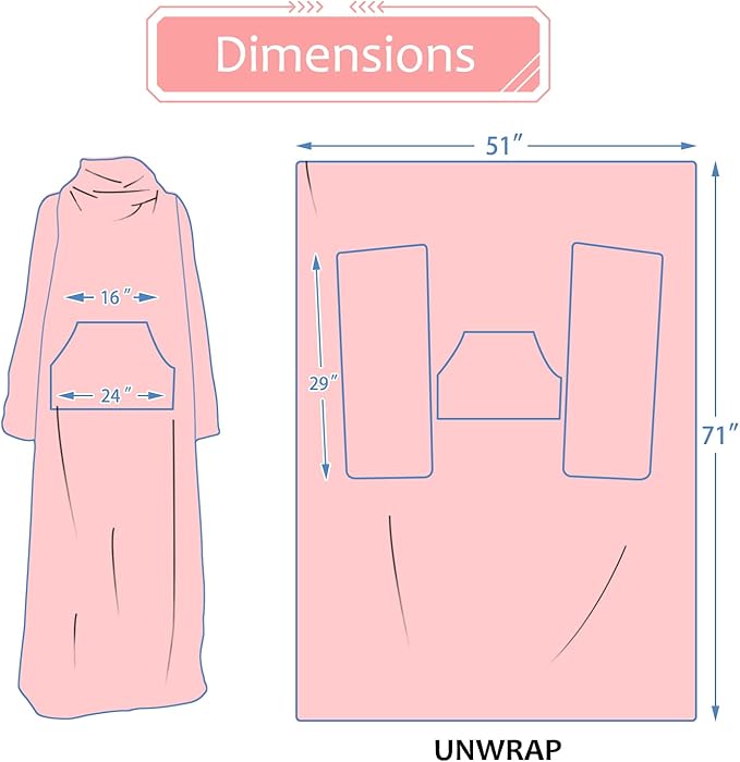 Solaris Travel Wearable Blanket with Sleeves, 2 in 1 Packable Airplane Pillow Blanket for Adult Women Men, Soft Cozy Warm Snuggy Body Blanket for Outdoor Indoor Home Lounge, Pink
