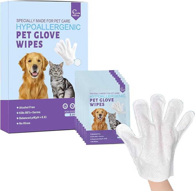 Pet Glove Wipes for Dogs & Cats 8 PCS,Bathing Wipes for Dogs and Cats,Hypoallergenic with Coconut Oil Nourishing Grooming Fur,Cat Dog Cleaning Gloves Wipes,Deodorizing Gloves for Pet Daily Care