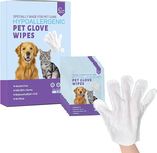 Pet Glove Wipes for Dogs & Cats 8 PCS,Bathing Wipes for Dogs and Cats,Hypoallergenic with Coconut Oil Nourishing Grooming Fur,Cat Dog Cleaning Gloves Wipes,Deodorizing Gloves for Pet Daily Care
