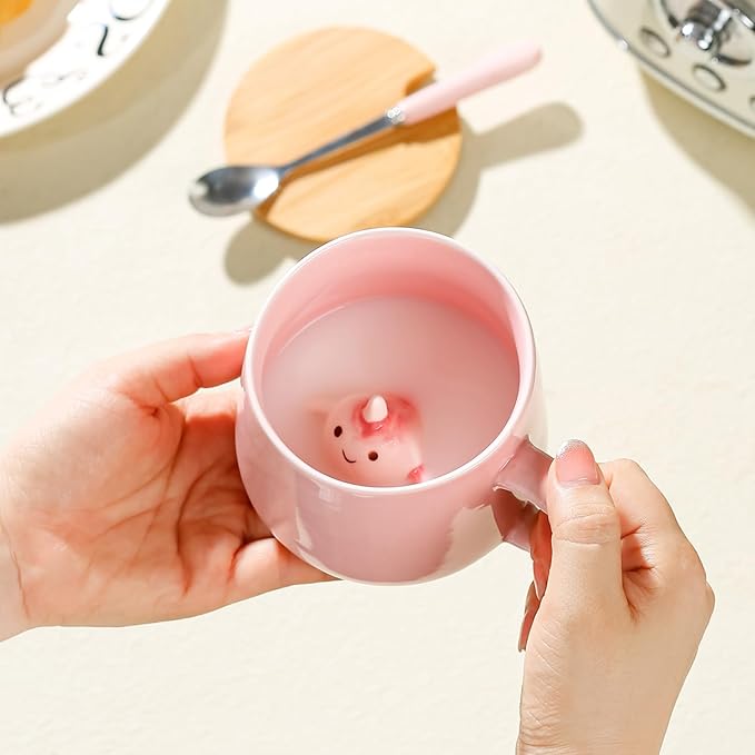 BigNoseDeer Kawaii Pink Unicorn Mug - 3D Narwhal Inside, Ceramic Coffee Mug with Lid & Spoon for Teen Girls & Women, 13.5oz