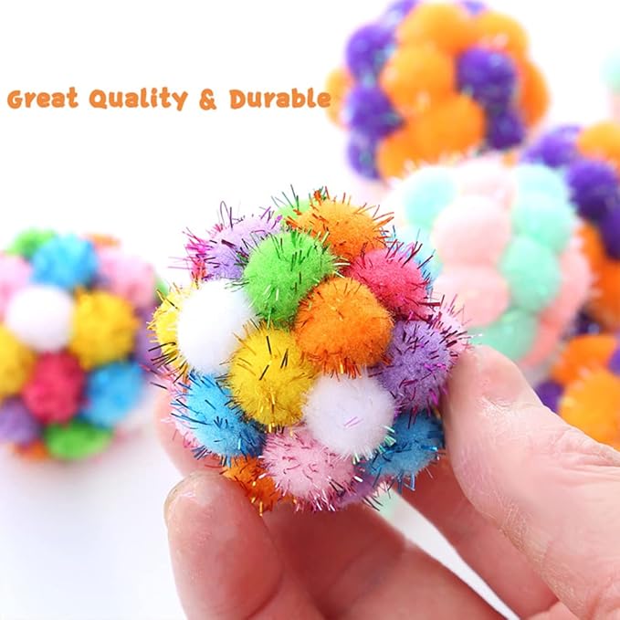 TUSATIY Cat Toys Balls with Bells 3PCS, Color Cat Pom Pom Balls,Tinsel Sparkle Balls,Interactive Toy for Indoor Cats Kitten