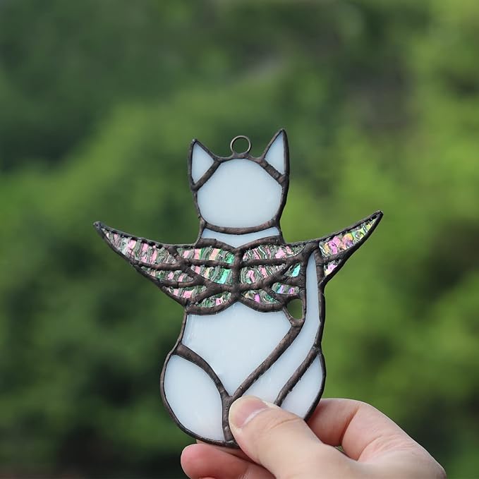 BOXCASA Angel Cat Memorial Gifts Ornaments,Stained Glass Window Hanging Decorations,Angel Wings White Cat Suncatcher Decor,Cat Lovers Gifts Ornaments,Pet Memorial Sympathy Gifts Decoration