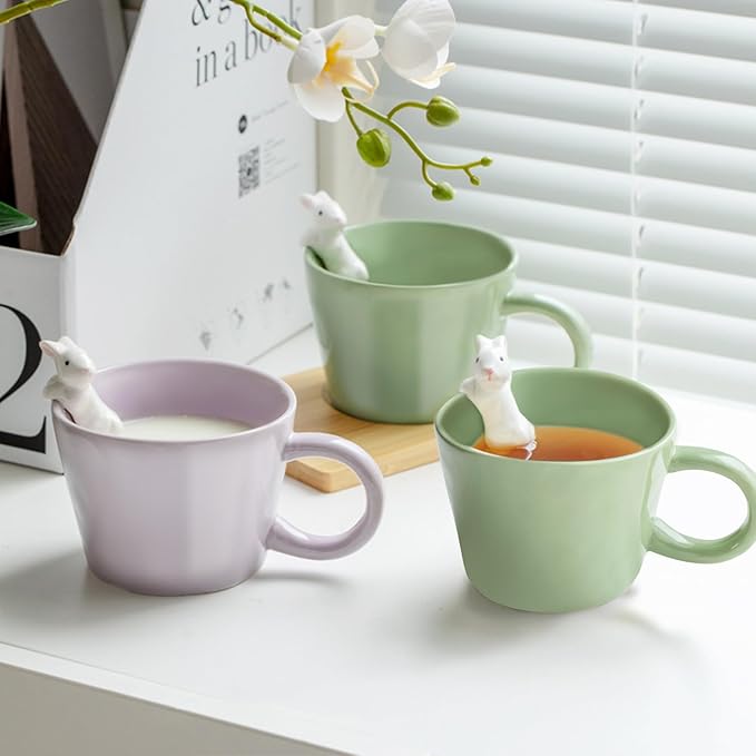 BigNoseDeer Cute Easter Bunny Mugs with 3D Rabbit Inside Kawaii Ceramic Rabbit Coffee Mug with Spoon Cute Gifts Easter Gifts Gag Gifts for Women White Elephant Gifts for Adults 12oz (Green)