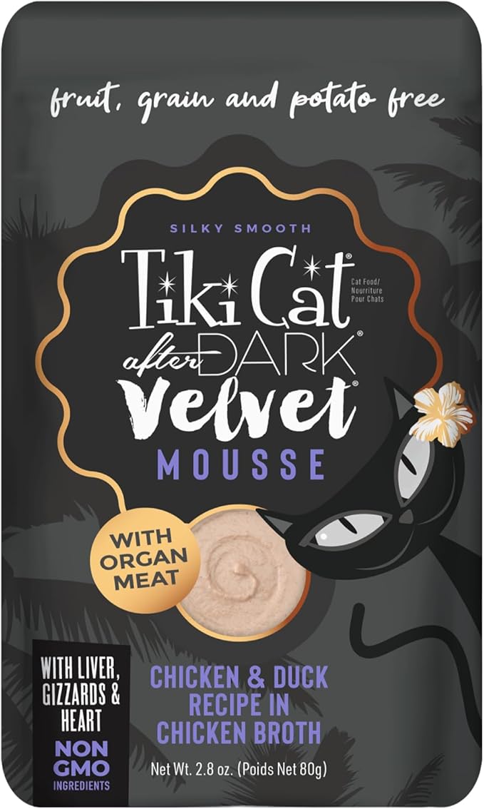 Tiki Cat After Dark, Velvet Mousse, Chicken & Duck Recipe in Chicken Broth, Grain & Potato Free Formula, with High Protein & Nutrient Dense Blended Irresistible Organ Meat, 2.8 oz. Pouch (Pack of 12)