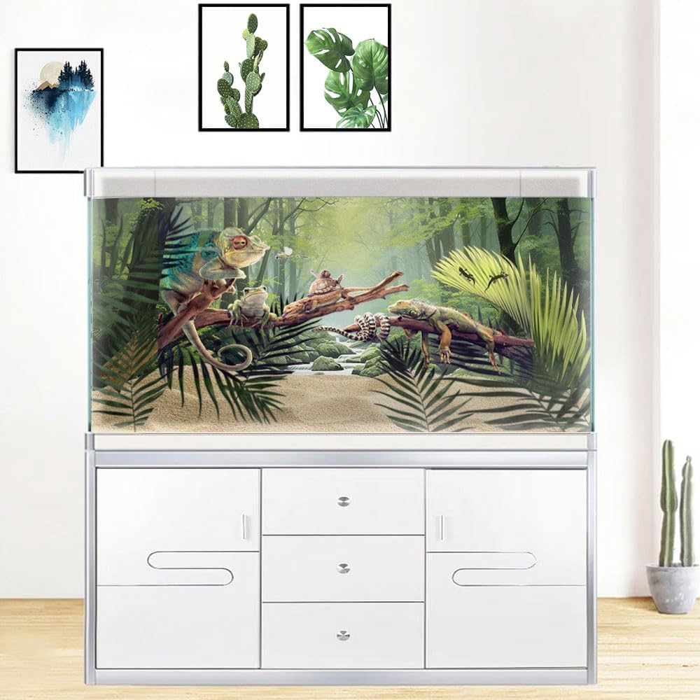 24X16IN Tropical Forest Terrarium Background, Natural Green Forest Tree Reptile Habitat Background, Misty Rainforest Aquarium Background, with 8 EVA Double-Sided Tape