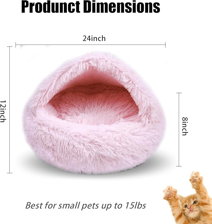 Calming Dog Beds & Cat Cave Bed with Hooded Cover,Washable Round Beds for Small Medium Pets,Anti-Slip Faux Fur Fluffy Coved Bed,Comfortable Warming Pet Bed(24 * 24inch,Light Pink)