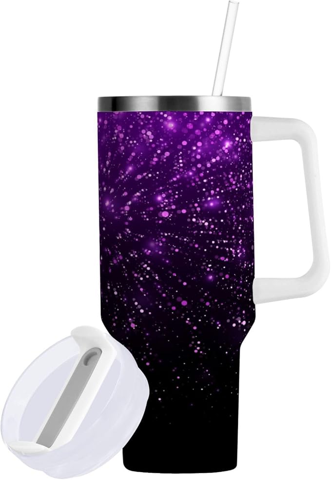 Boccsty Glowing Sparkles Purple Glitter Insulated Tumblers Reusable Stainless Steel Tumbler 30 oz Cup Coffee Travel Mug Water Bottle with Handle & Flip Straw for Home Office Car