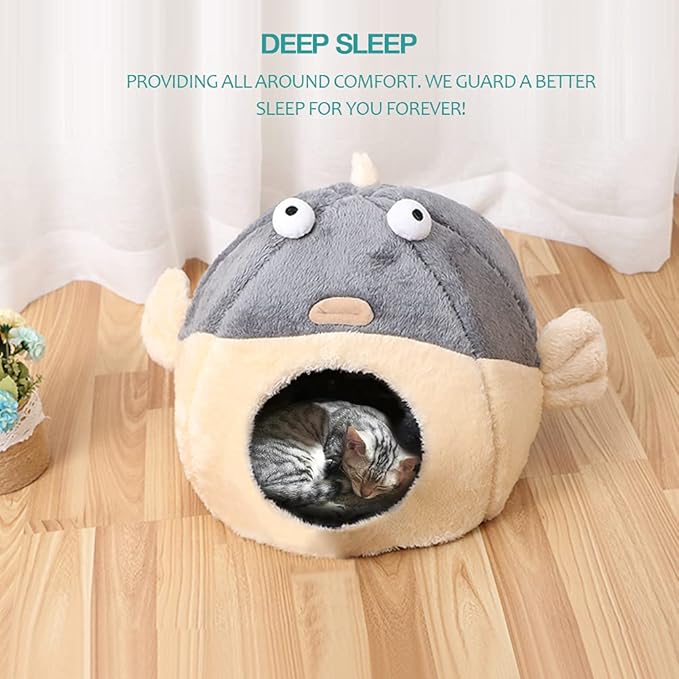 Cat Beds for Indoor Cats - Cat Bed Cave with Removable Washable Cushioned Pillow, Soft Plush Premium Cotton No Deformation Pet Bed, Lively Pufferfish Cat House Design, Grey, Multiple Sizes(M)