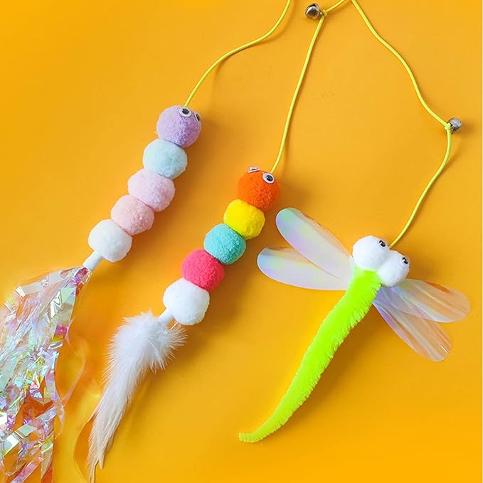 Feather Teaser Toys, Butterfly Worm Interactive Hanging String Cat Toy, Door Hanging Cat Pet Toy for Indoor Cats Kitty Play Chase Exercise - Feather / Dragonfly / Tassels worm 3 Pcs set (Feather Worm)