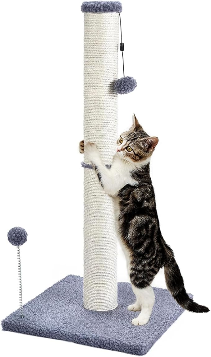 Cat Scratching Post 32" Tall Scratching Post Kitten Scratcher Sisal Scratch Posts Basic with Hanging Ball for Indoor Cats, Integrated Cat Toys, Gray