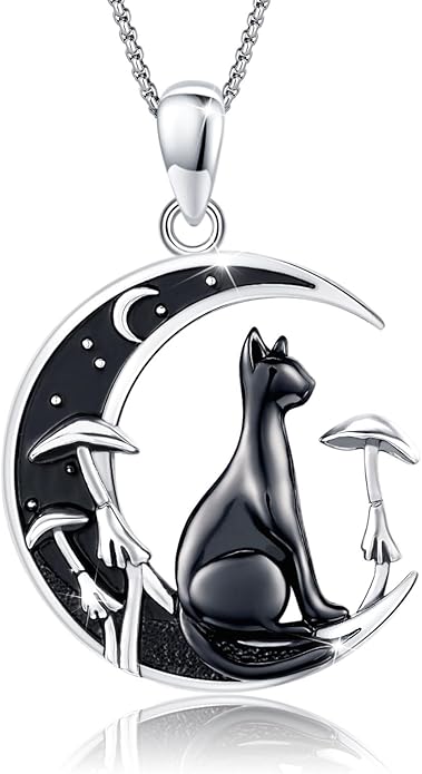 AUDINCCED Black Cat Necklace Turtle Necklace Gothic Jewelry Butterfly Necklace Cat Necklace 925 Sterling Silver Crescent Moon Necklace for Women Cat Gifts for Cat Lovers