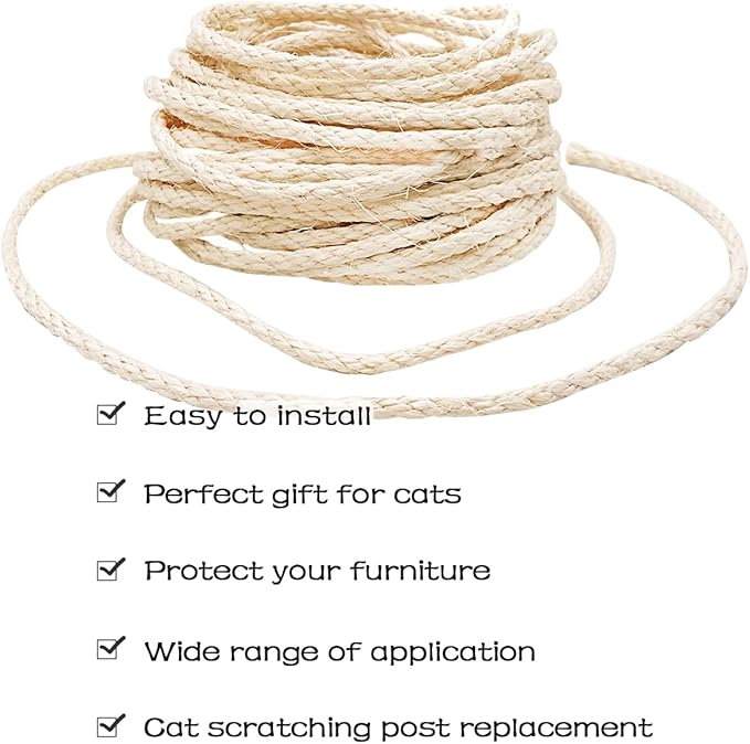 PET SHOW 1/4 inch 6mm Cats Sisal Rope 328 Feet(100M) Cat Scratching Post Replacement Hemp Rope for Repairing Recovering DIY Scratcher Twine String for Kittens Tree Tower Toys