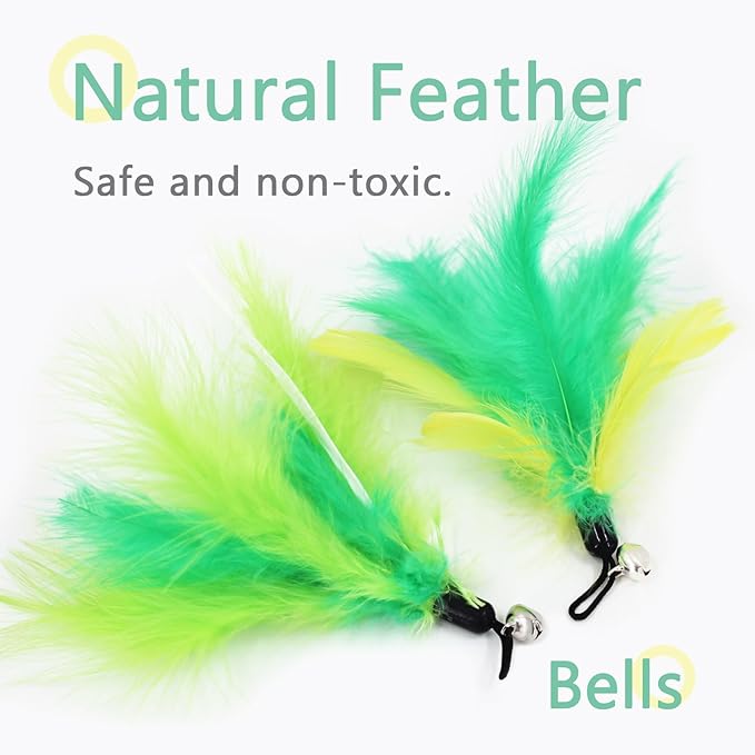 SONGWAY Cat Feather Toys Wand - 7 Pcs Interactive Cat Toys for Indoor Cat Kitten, Retractable Cat Wand Toy with 6 Feather Teaser Refills with Bell, Cat Fishing Pole Toy, Green